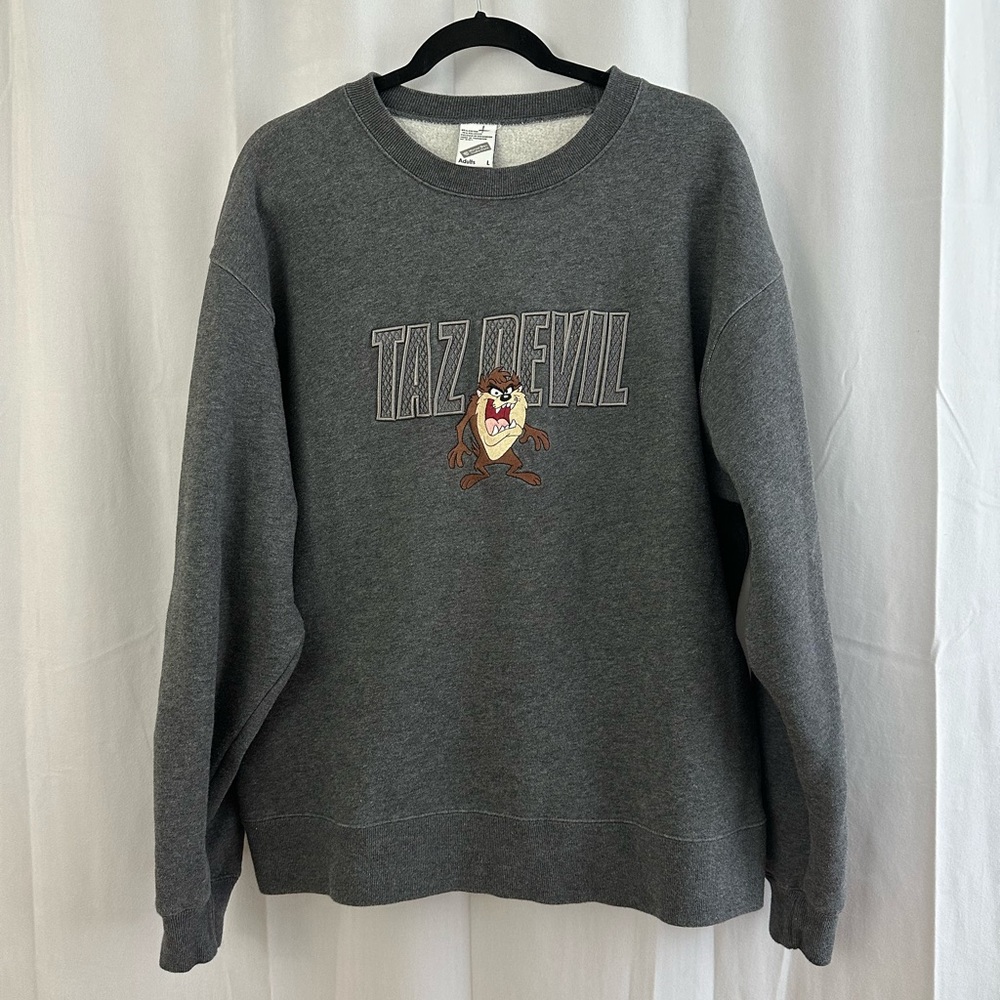 Vintage Warner Bros Tasmanian Devil Embroidered Gray Crewneck Sweatshirt Sz L